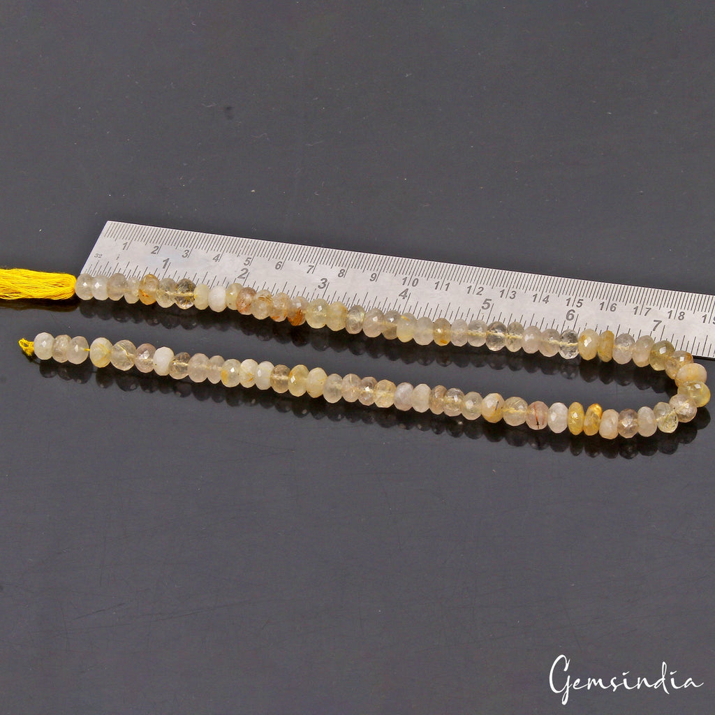 15" Long Natural Rutile Quartz Round Cut Center Drilled Gemstone Beads Strand