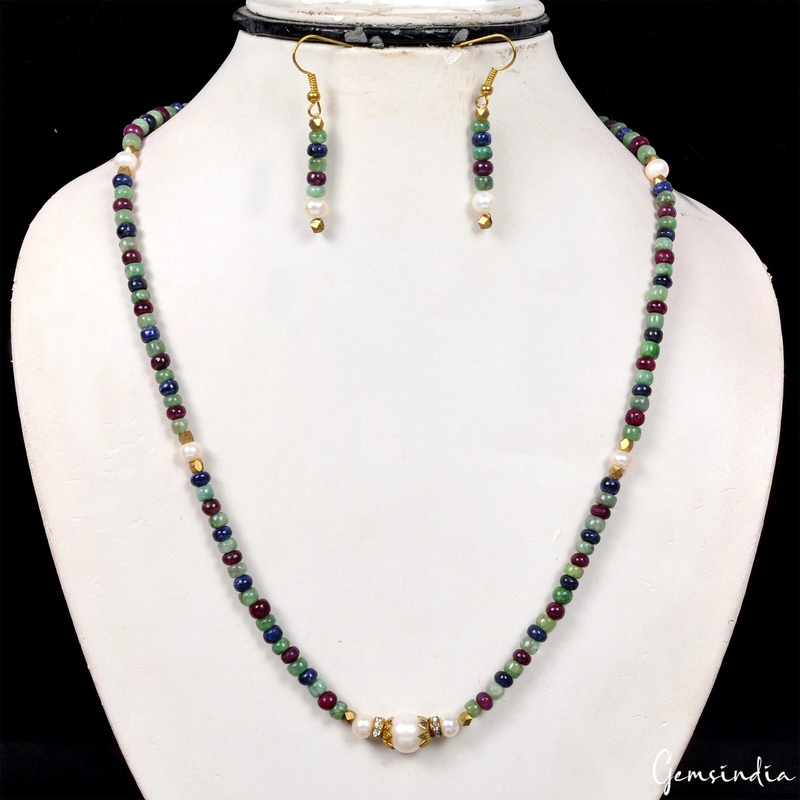 Emerald Necklace, Multi Color — 4mm to 6mm, India