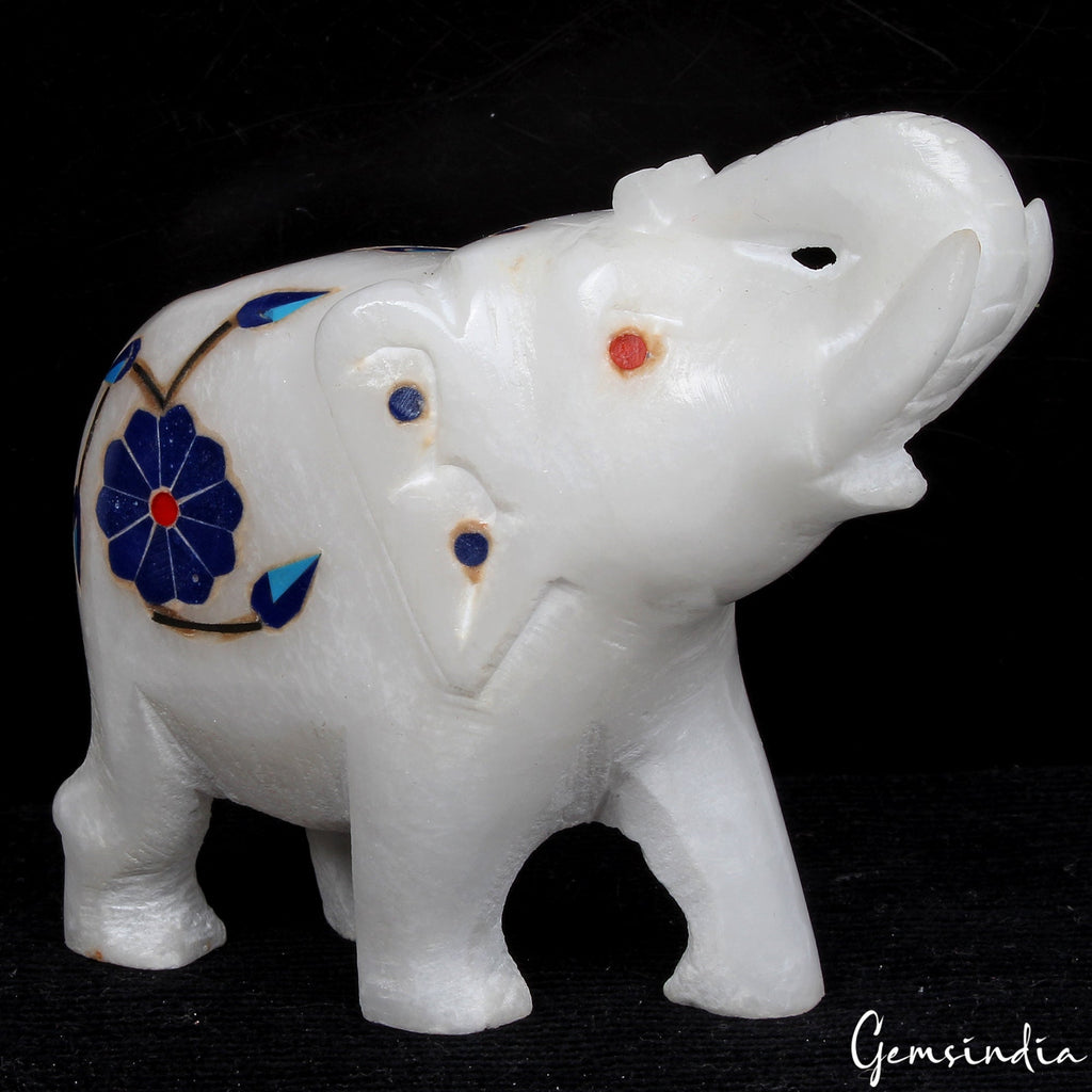 1290 Ct Handcrafted White Marble Elephant with Beautiful Inlay Design Home Decor