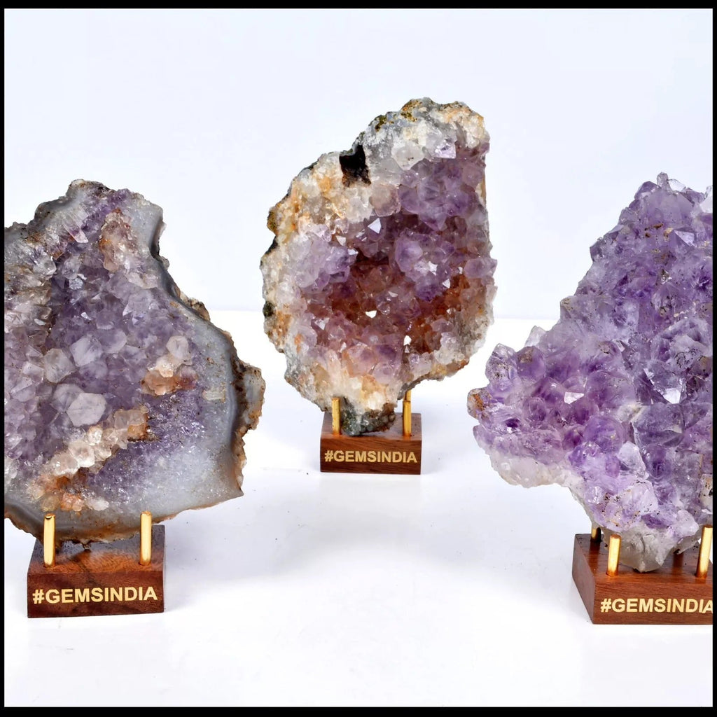 3 Pc/1.4 kg Natural Purple Amethyst Stone Cluster Rough Crystal Specimen w/Stand