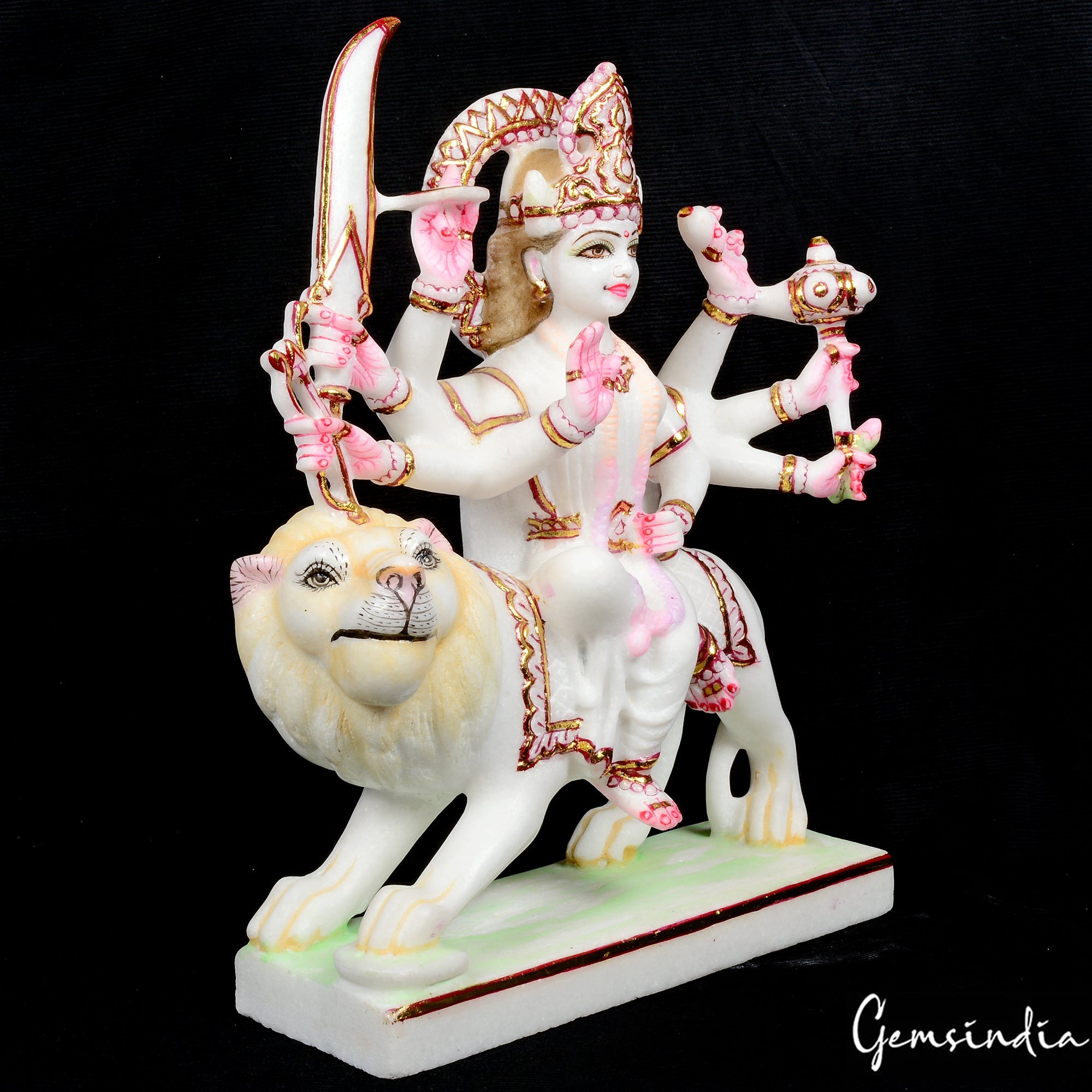 13.2" White Marble Durga Sitting on Lion Statue Hand Crafted Sculpture/ Art Work