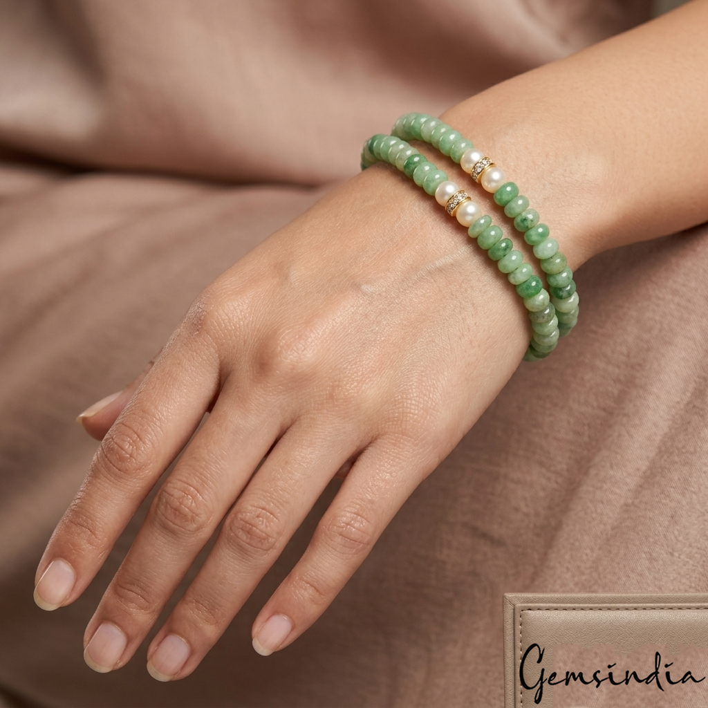 61.10 Ct Natural Emerald Gems Round Cab Drilled Double Strand Handmade Bracelet