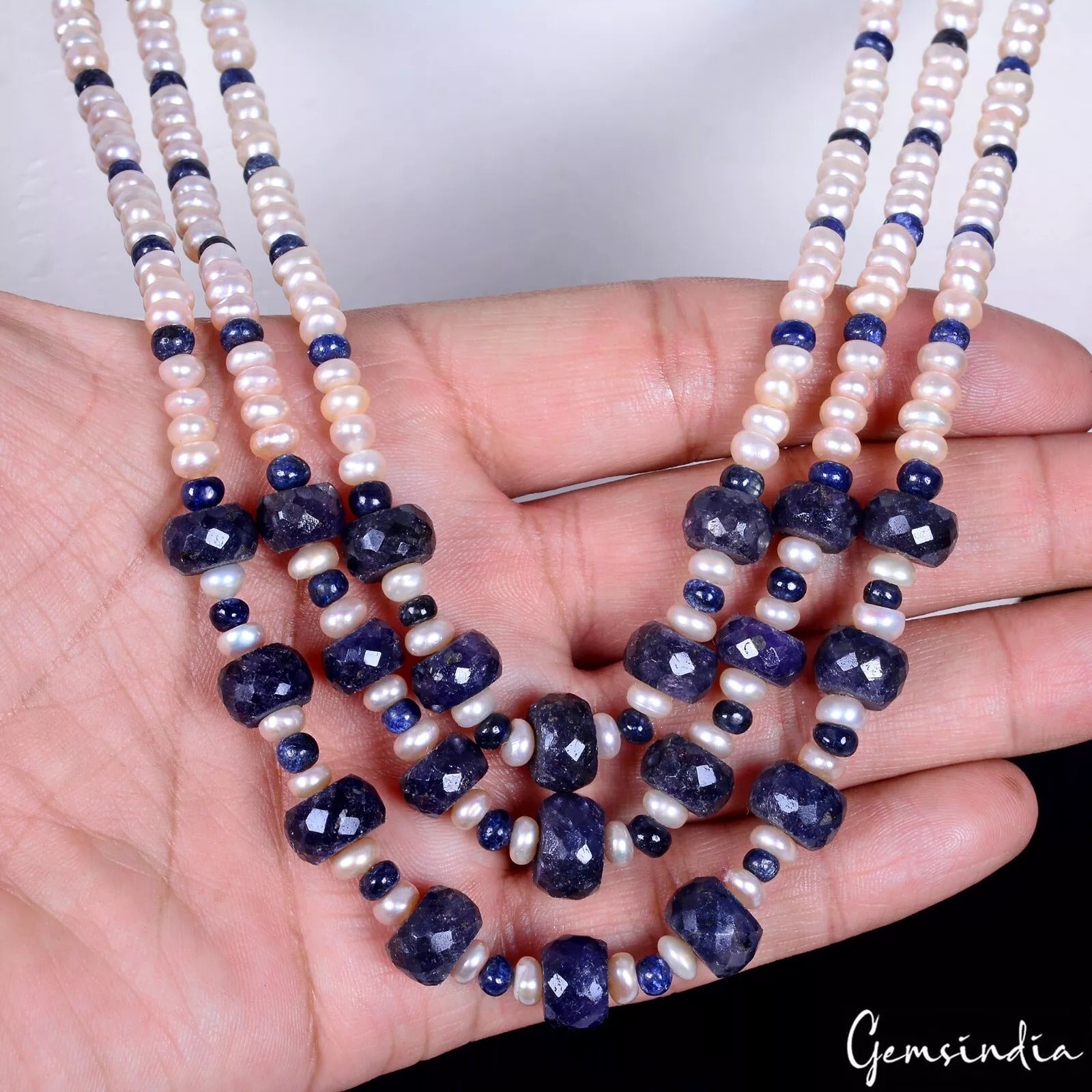 530 Ct Natural Blue Sapphire & Peach Pearl Beaded Handmade 3 Strand Necklace 22"