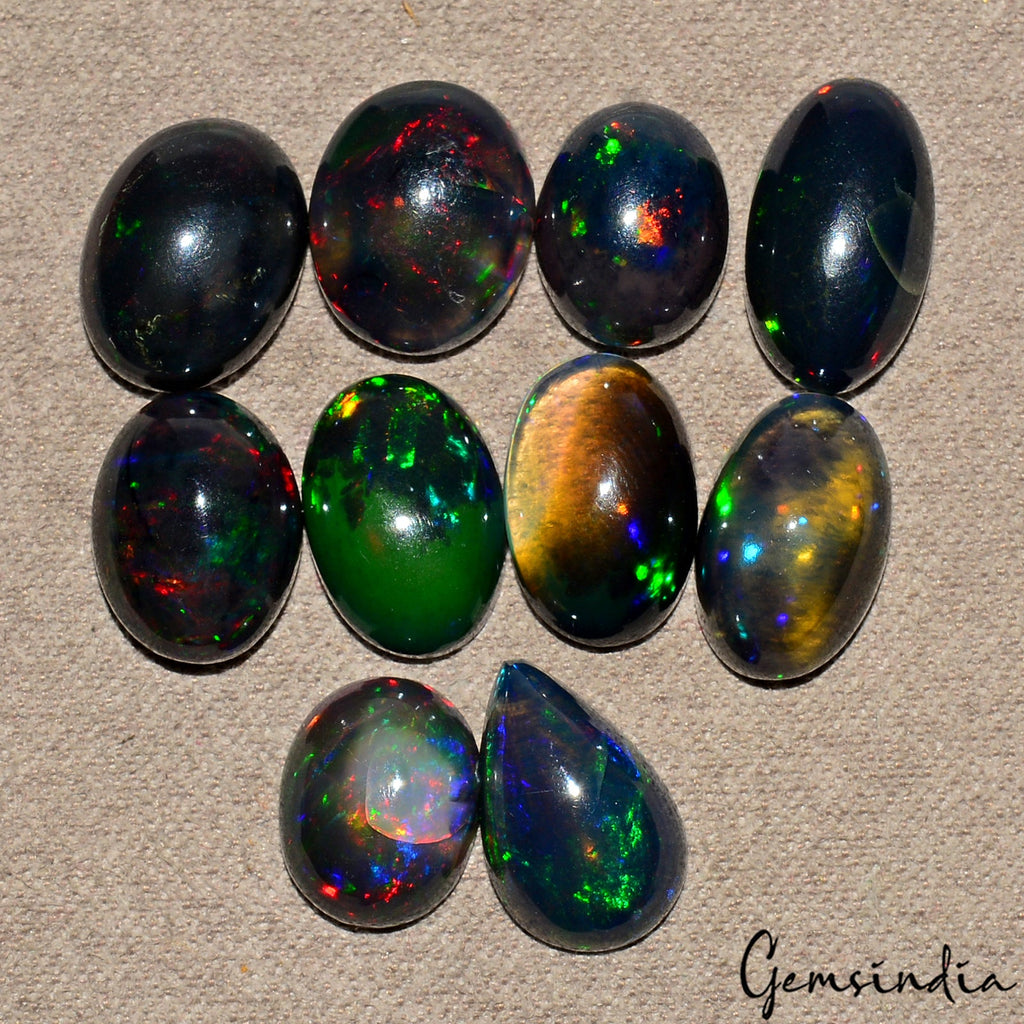 10 Pcs Natural Ethiopian Black Opal Play of Colors High End Certified Gemstones