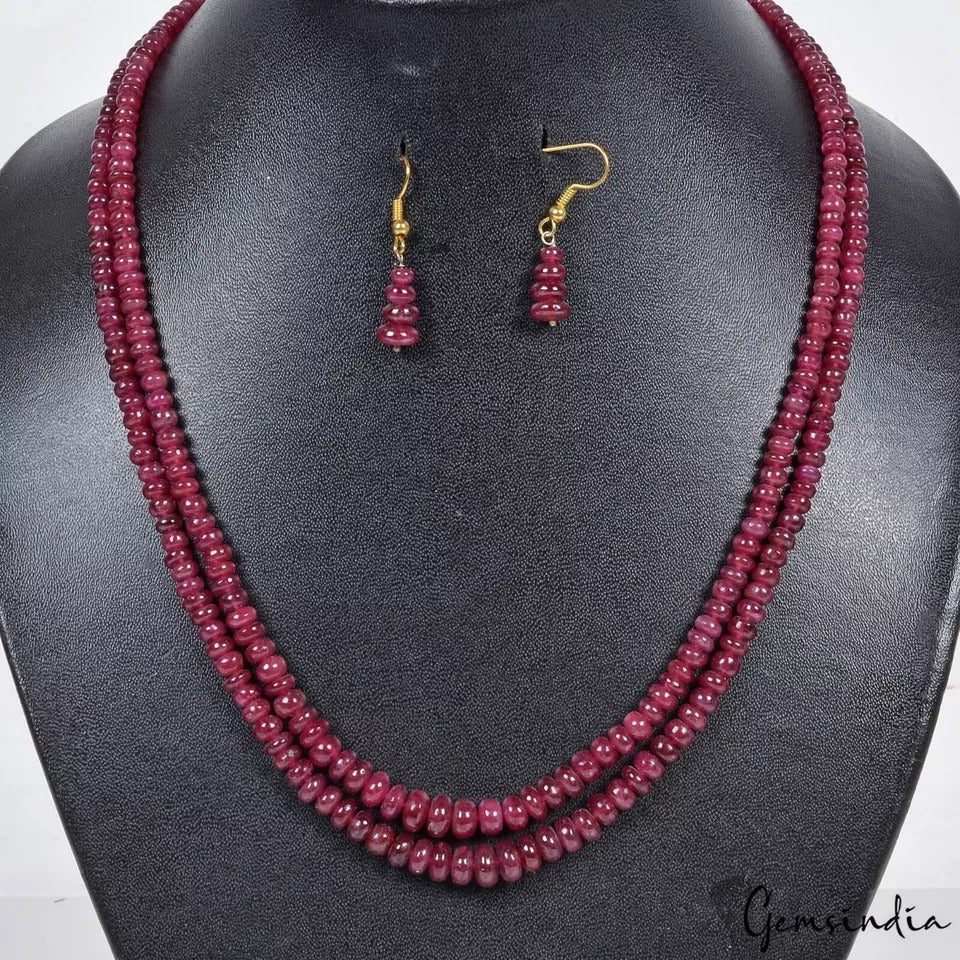 289+Ct Natural Red Ruby Round Beaded Handmade Double Strand Necklace & Earring