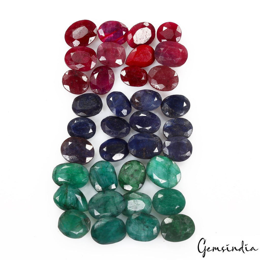 121 Ct/36 Pc Natural Red Ruby Green Emerald Blue Sapphire Mix Cut Certified Gems