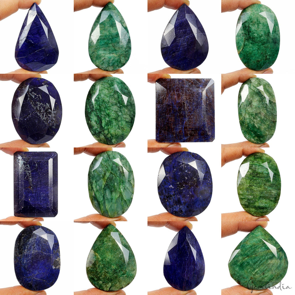 8740 Ct Natural Green Emerald & Blue Sapphire Mix Cut Earth Mined Gems Lot 16 Pc