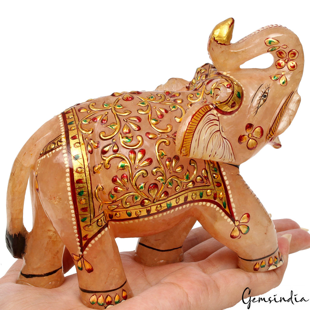 3940 Cts Rose Quartz Elephant Home Decor Gold Paint Animal Handmade Sculpture ~