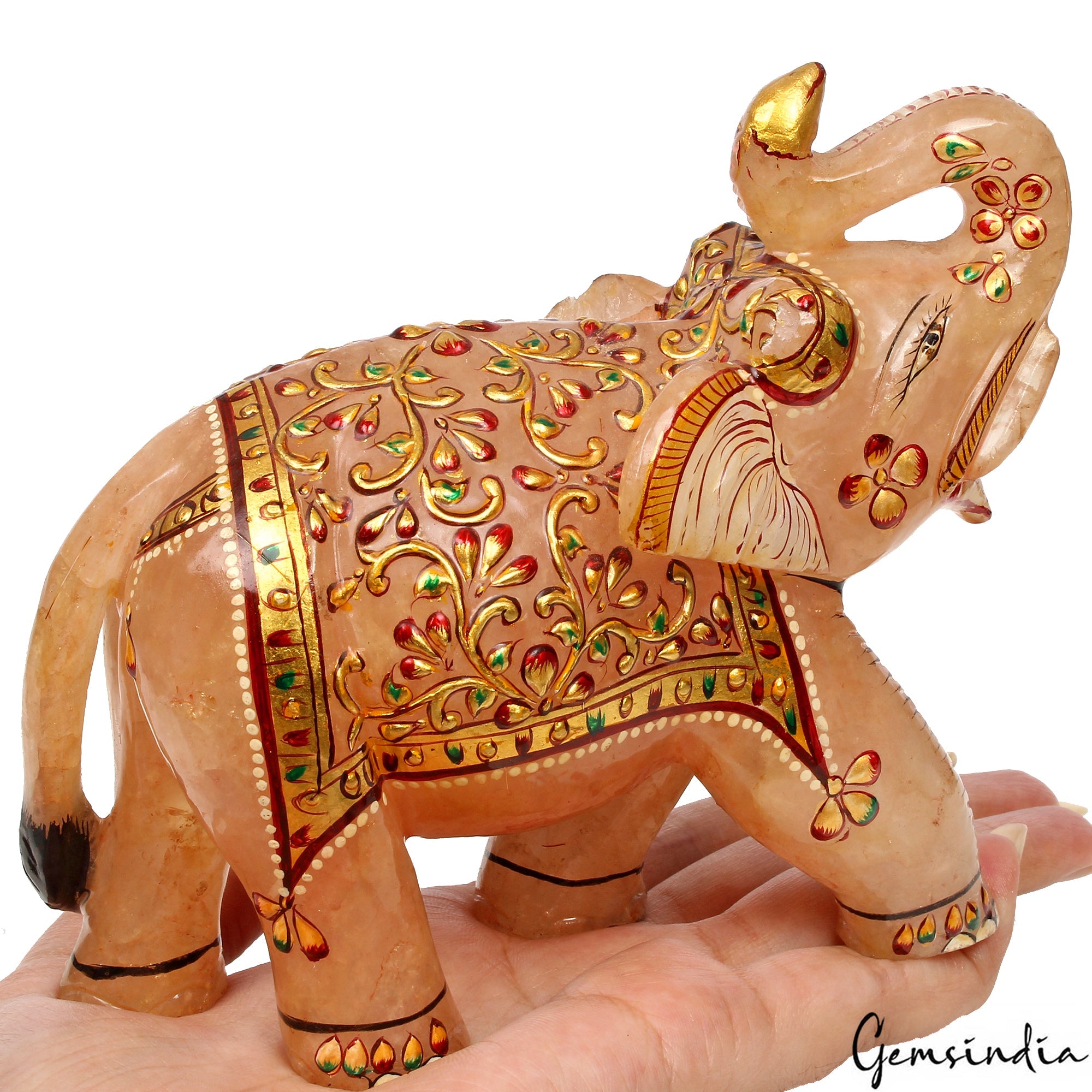 3940 Cts Rose Quartz Elephant Home Decor Gold Paint Animal Handmade Sculpture ~