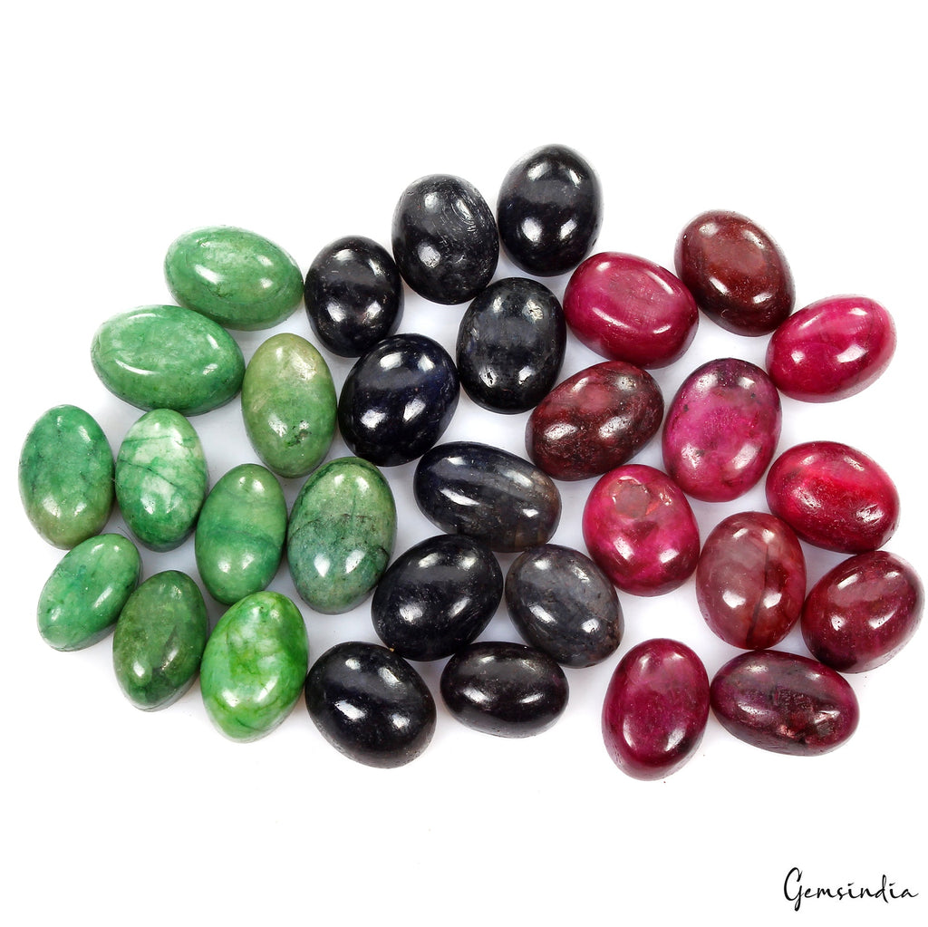 Certified 300 Ct Natural Ruby Emerald Sapphire Oval Cabochon Loose Gemstones Lot