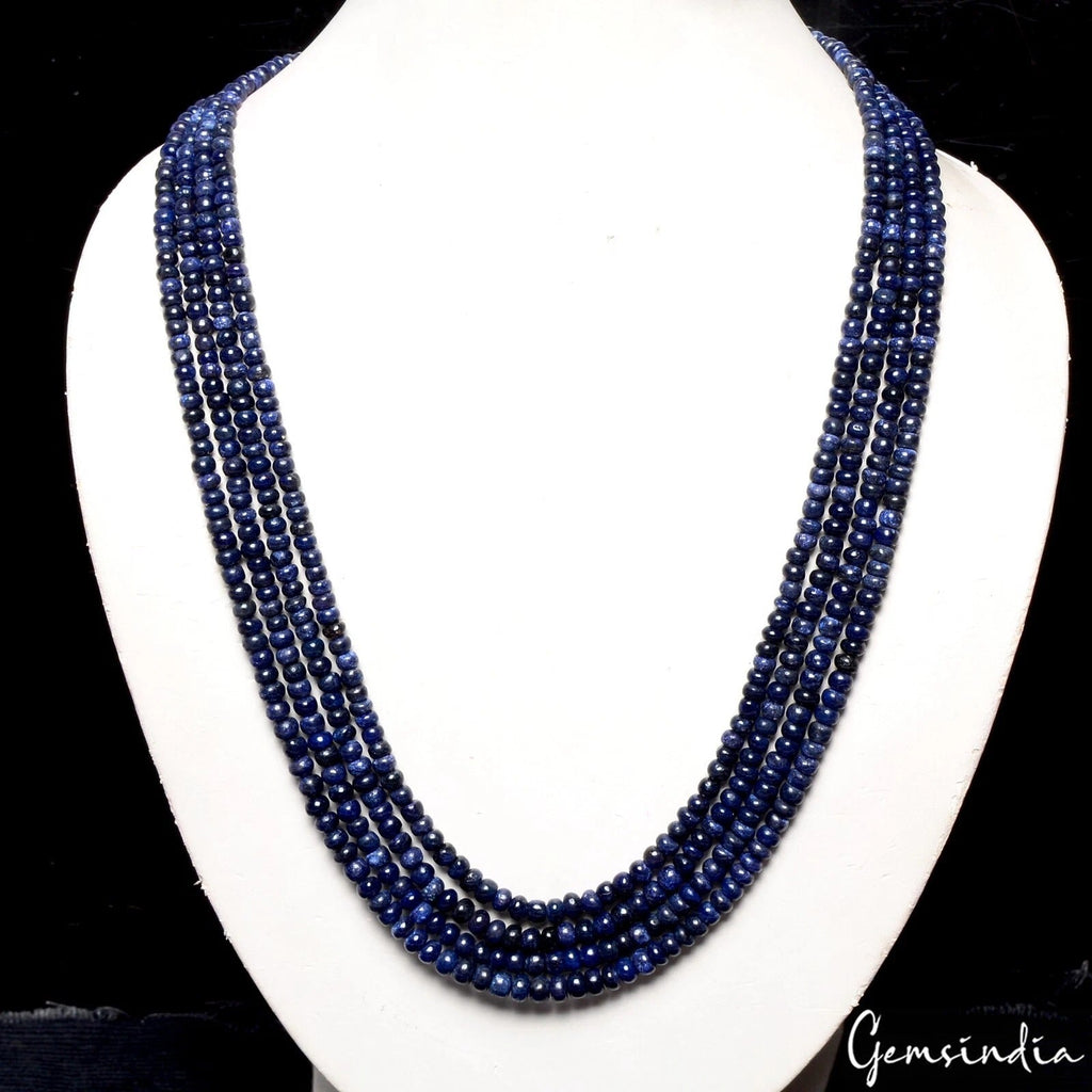 Natural Blue Sapphire Round Cabochon Gem Beaded 4 Lines Handmade Necklace~21"
