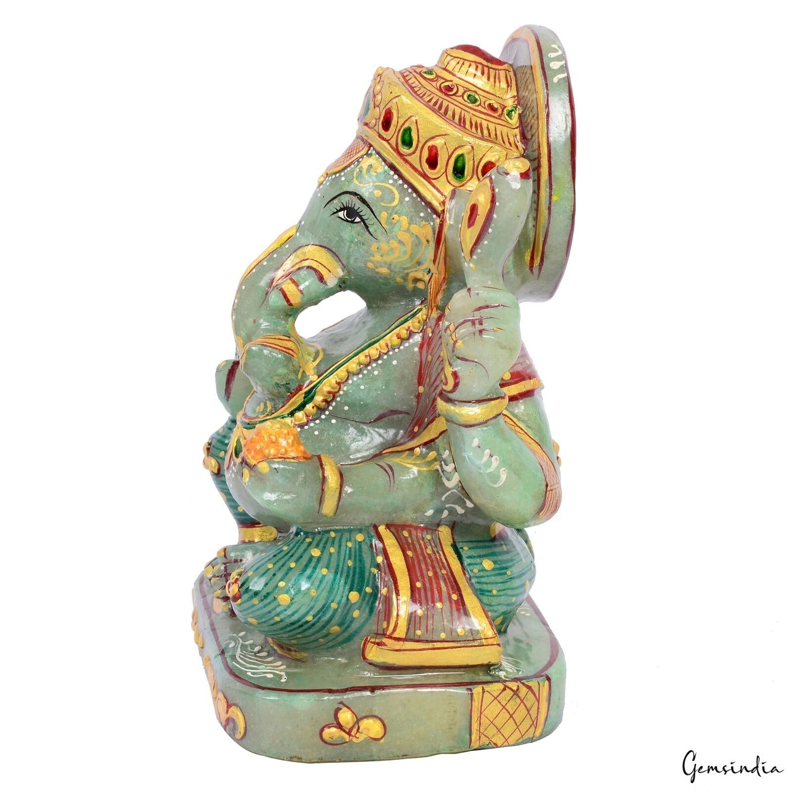 2.2 Kg Natural Green Aventurine Single Stone Gold Painted Lord Ganesha Sculpture