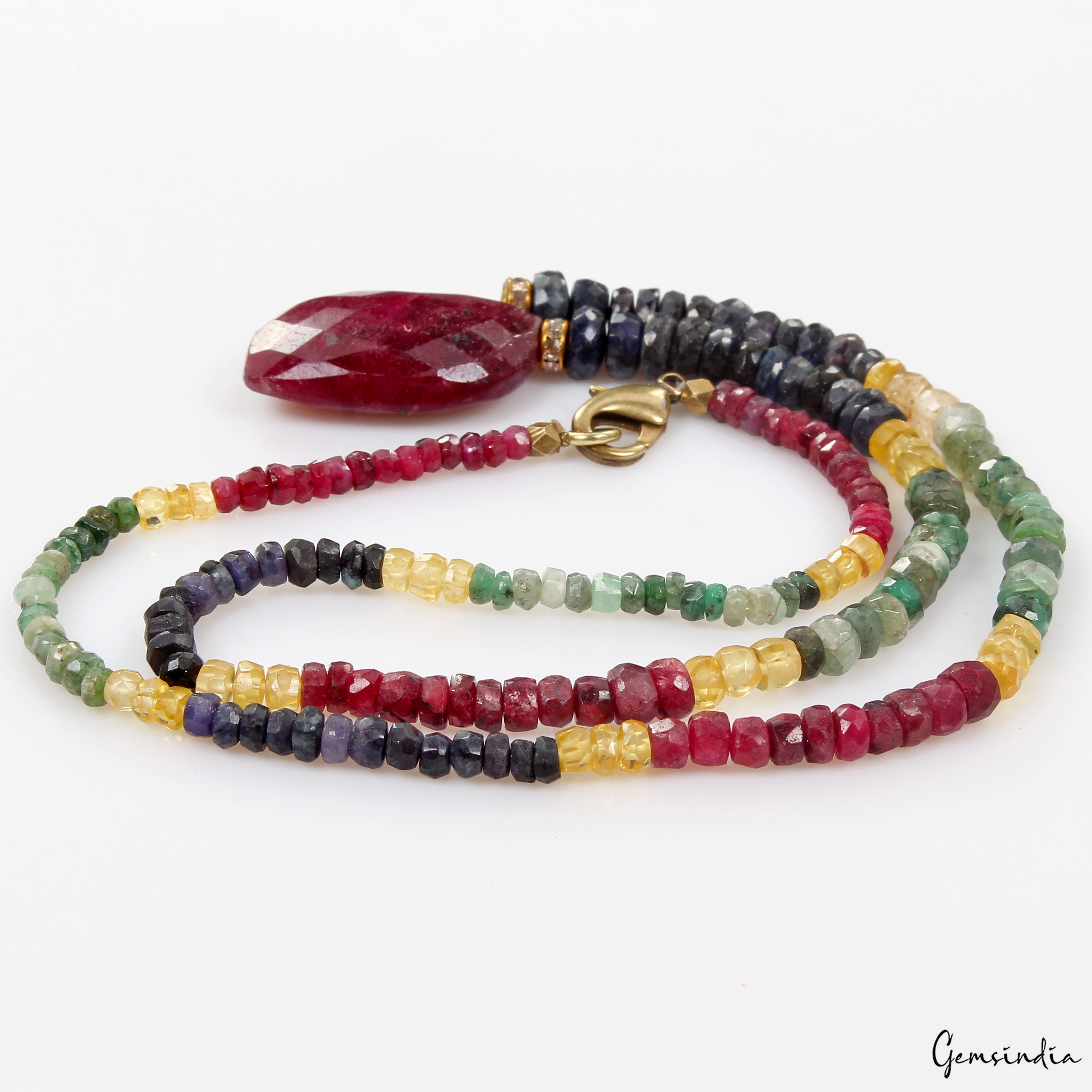One Strand Natural Emerald Ruby Sapphire Necklace Faceted Beads w/Ruby Briolette