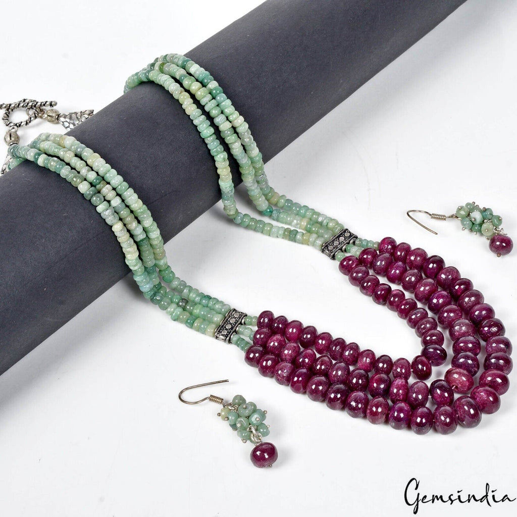 614.30Ct Natural Ruby Emerald Beads Cabochon Stones Handmade Necklace w Earrings