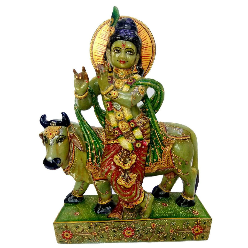 25.8 Kilo Natural Aventurine Carved Hindu Diety Krishna Cow Statue Home Decor