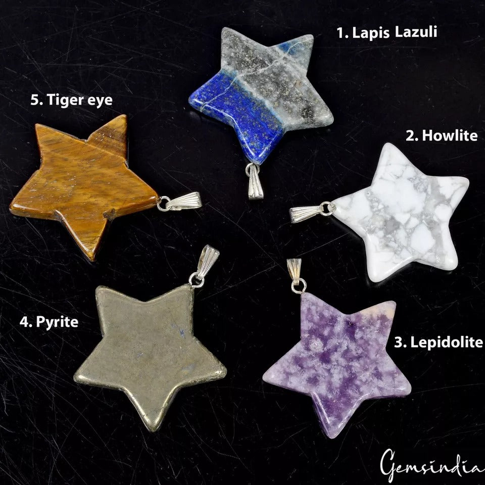 365 Ct/5 Pcs Natural Multi Gems Christmas Stars Crystal Healing Pendants 1.5"