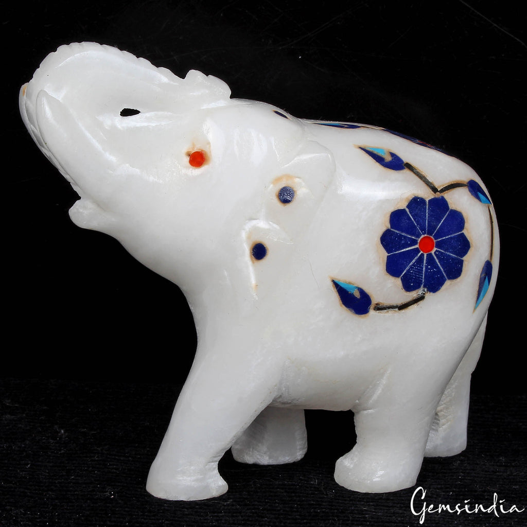 1290 Ct Handcrafted White Marble Elephant with Beautiful Inlay Design Home Decor