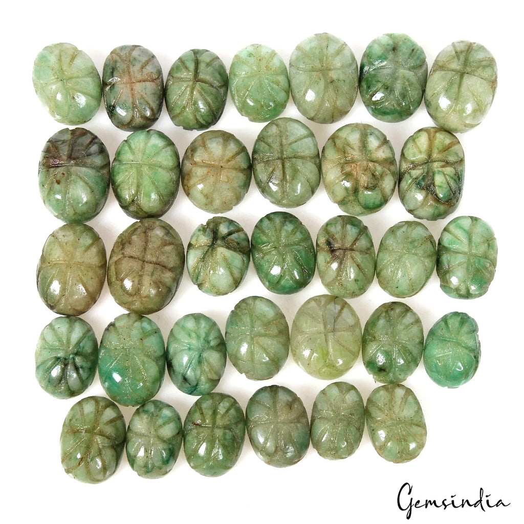 330 Ct/33Pcs Natural Carving Green Emerald Oval, Ring Size Loose Gemstones Lot