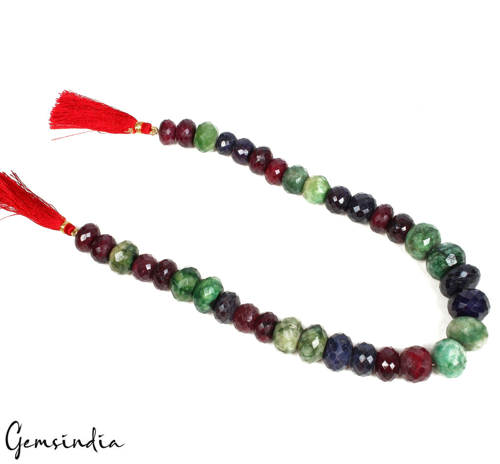 860Ct Natural Ruby Sapphire Emerald Round Checker Cut Center Drill Bead Strand