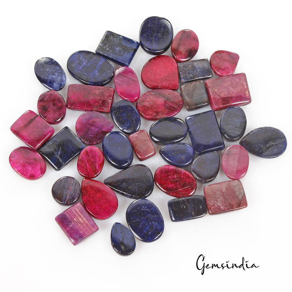 600 Cts/38 Pcs Natural Red Ruby Blue Sapphire Mix Cab Loose Gems Lot For Jewelr