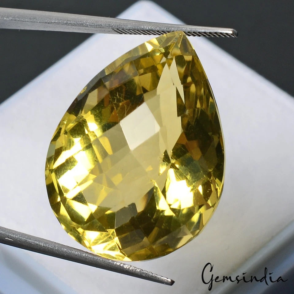 Citrine Loose Gemstone, Pear Checker Cut, Yellow — 25x19x14 mm, 33.10 Ct, Brazil