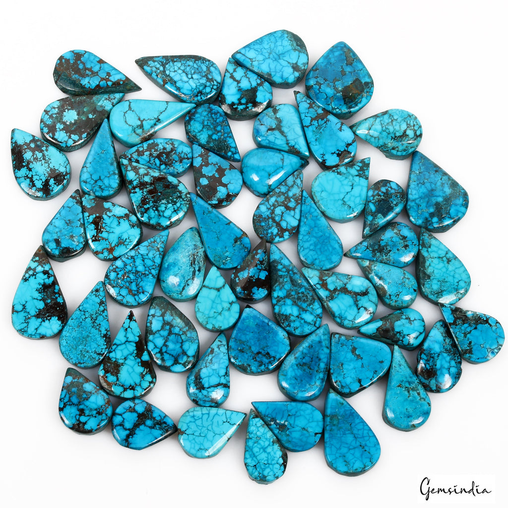600 Ct/52 Pcs Natural USA Blue Spiderweb Turquoise Pear Cab Loose Wholesale Gems