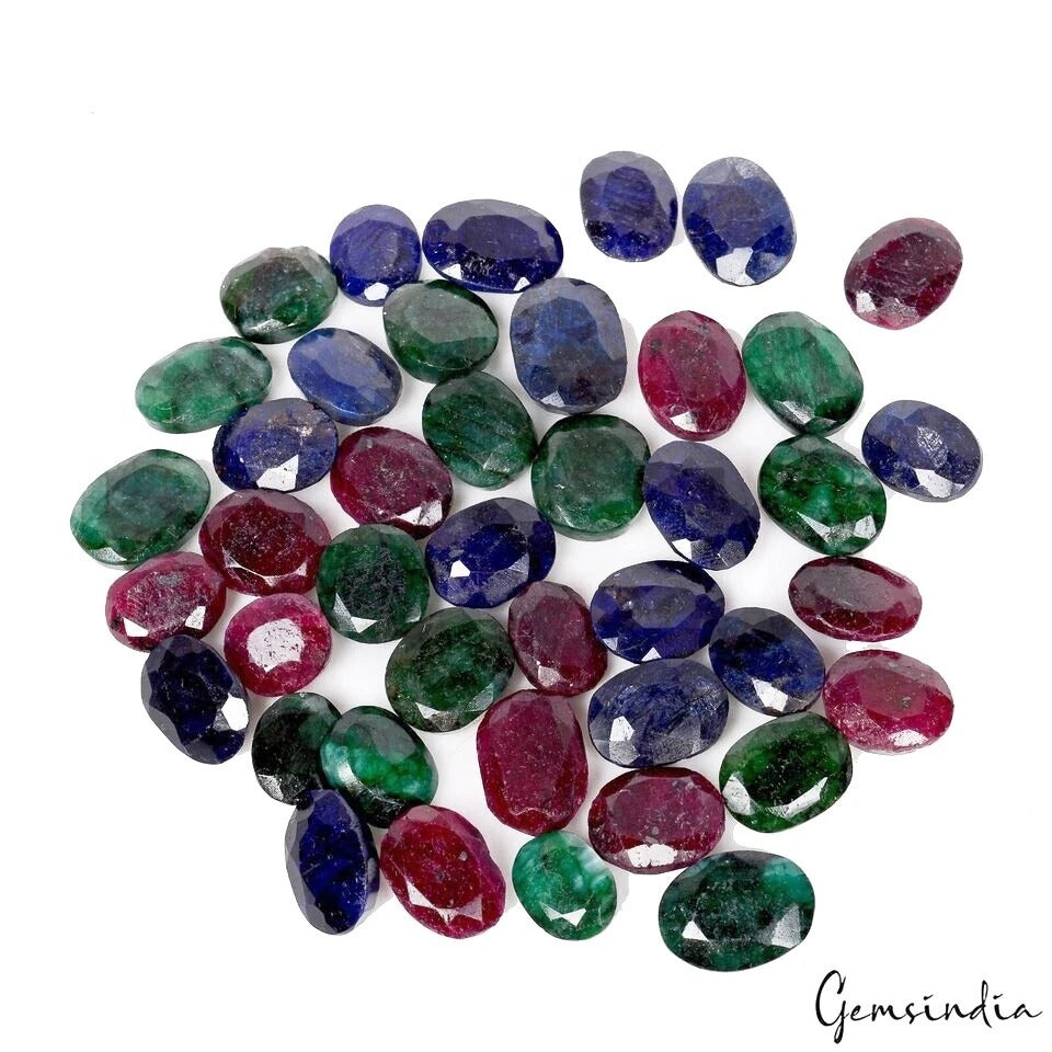42 Pcs Natural Emerald Ruby Sapphire 12mm-17mm Oval Cut Loose Gemstones~ 400 Cts