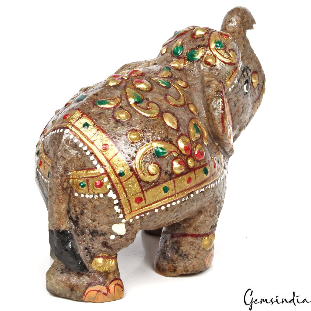 1250Ct Natural Agate Gemstone Hand Crafted Gold Painted Trunk Up Elephant Statue