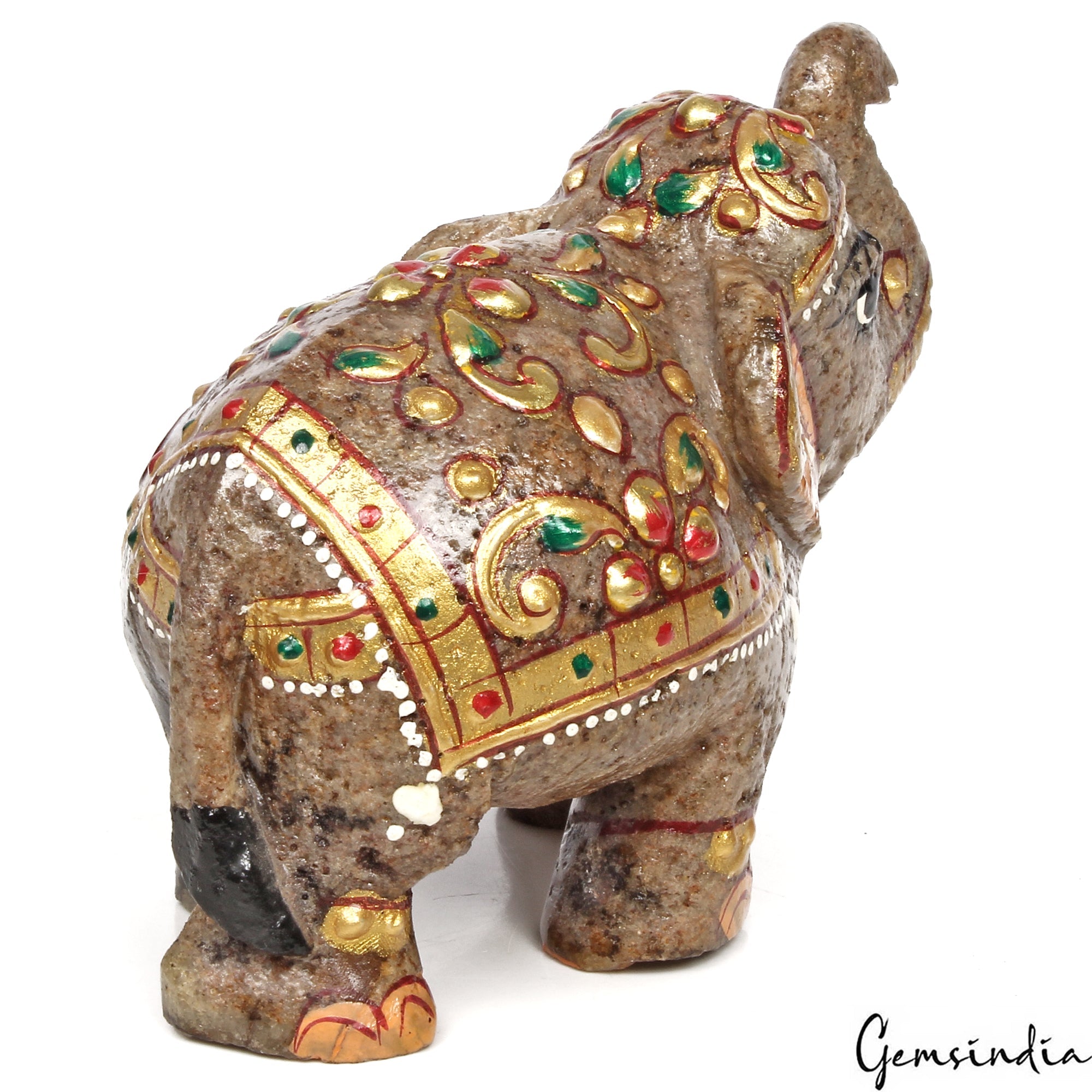 1250Ct Natural Agate Gemstone Hand Crafted Gold Painted Trunk Up Elephant Statue