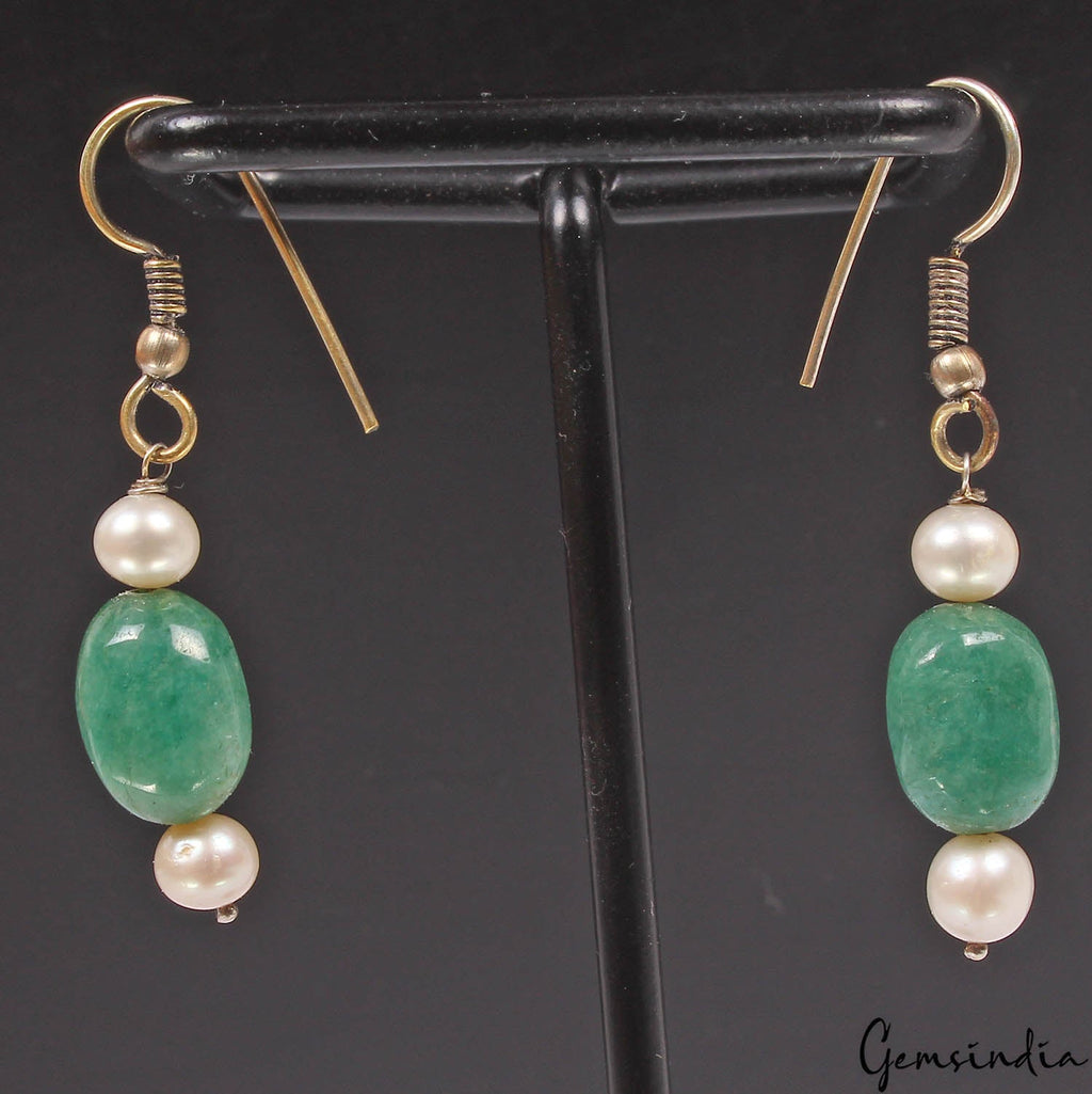 30.80 Cts Pearl & Emerald Handmade Pair of Earring Silver Earwire 1.7" Christmas