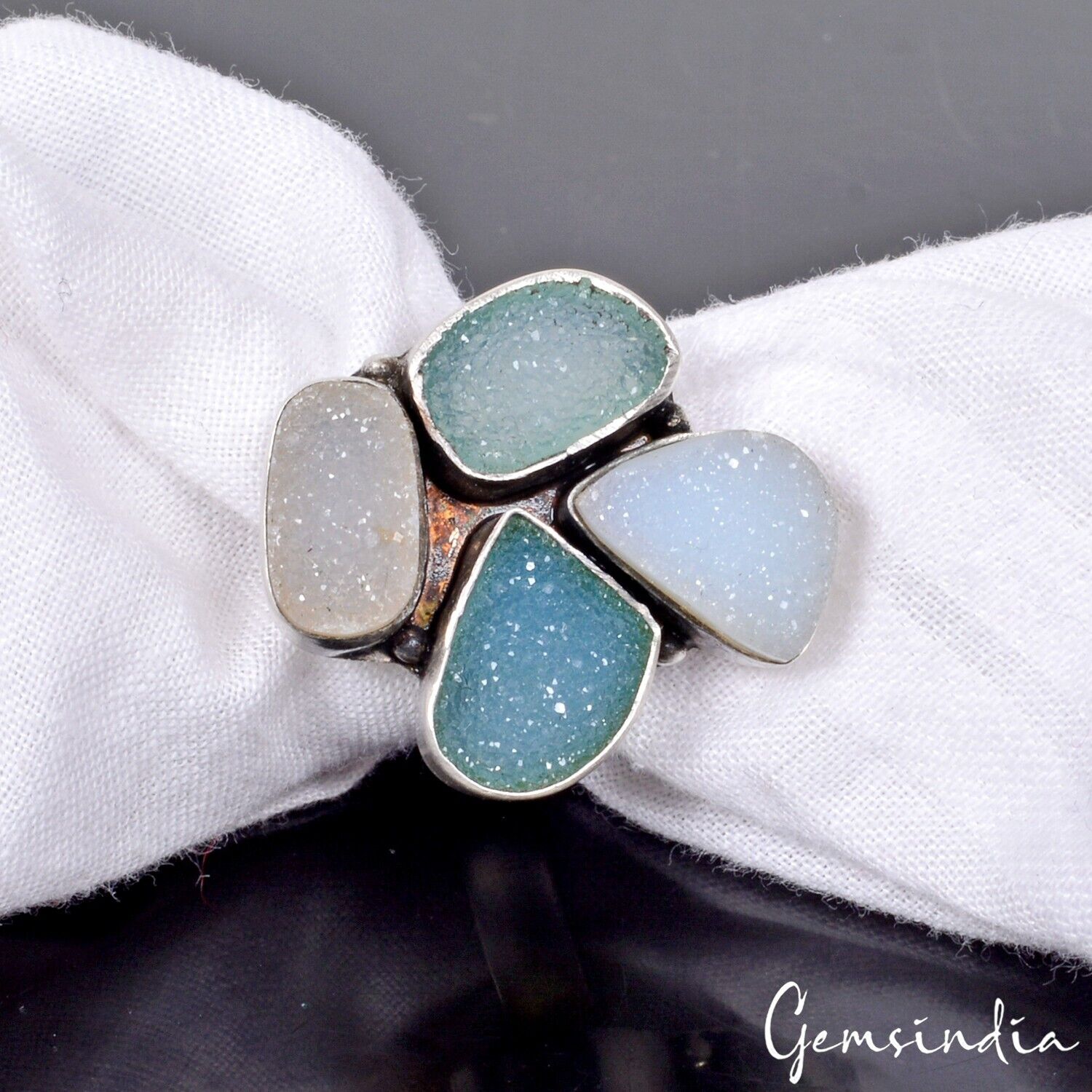Onyx Drusy Sterling Silver Ring, Untreated, Silver — Size 6.5 US, 45.00 Ct (9.00 g)