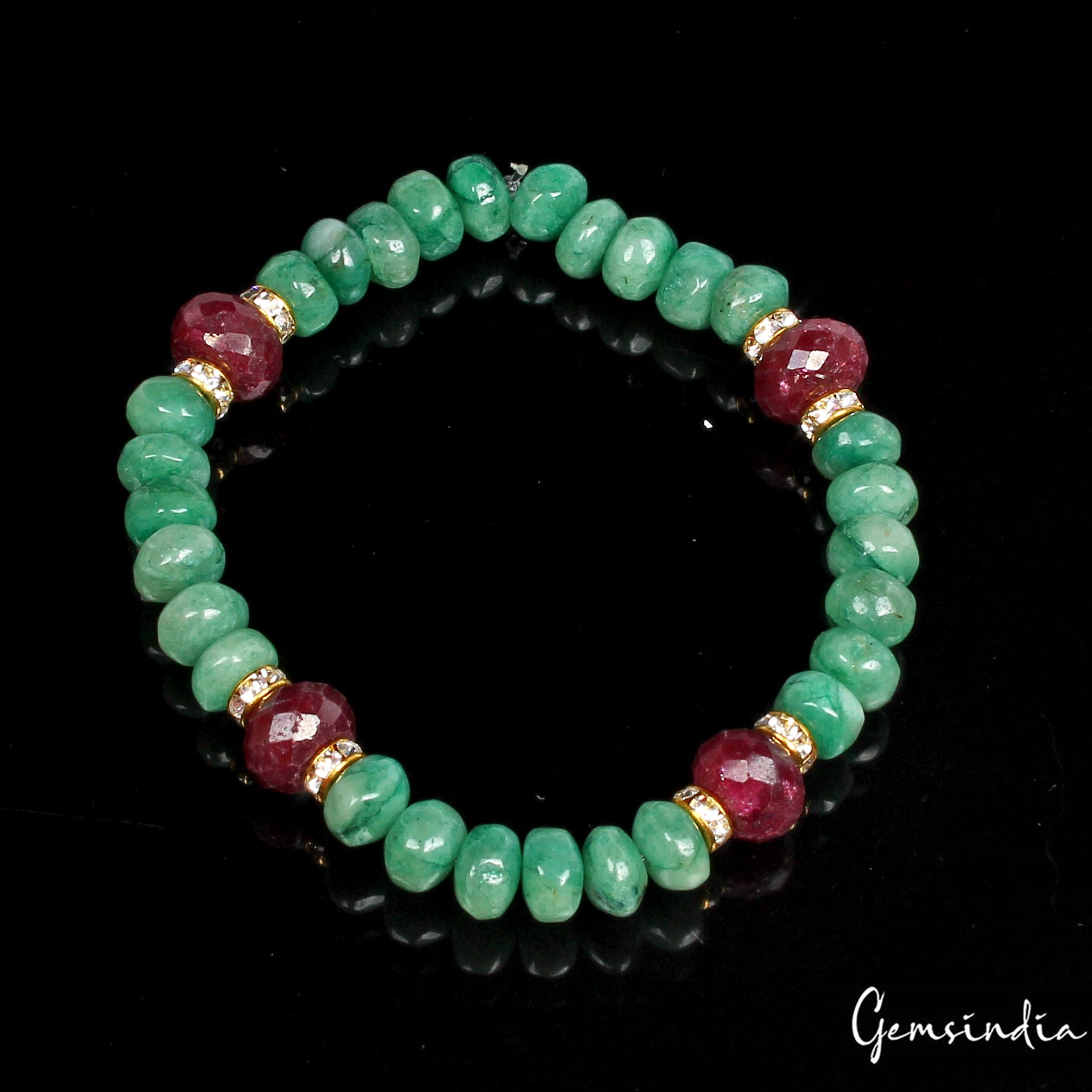83.90 Cts Natural Ruby Emerald Round Cab Bead Handmade Stretchable Bracelet 6.5"