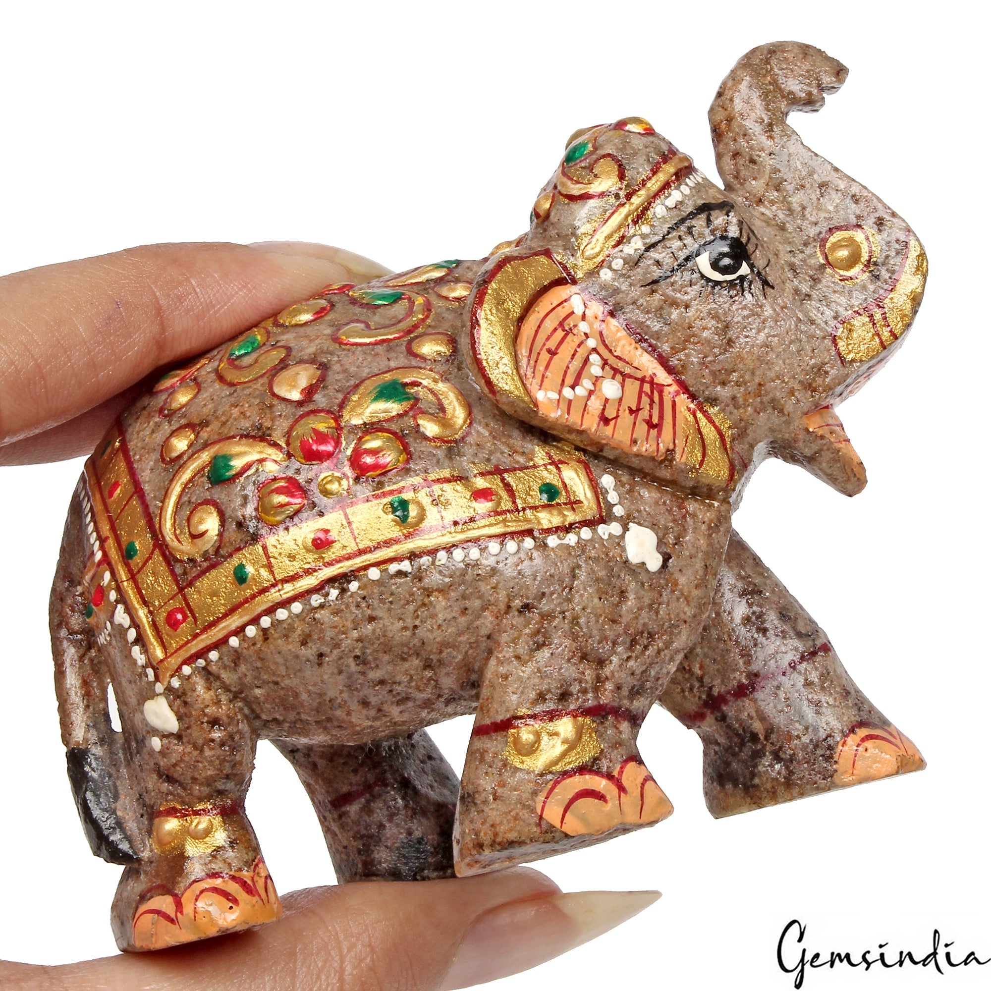 1250Ct Natural Agate Gemstone Hand Crafted Gold Painted Trunk Up Elephant Statue