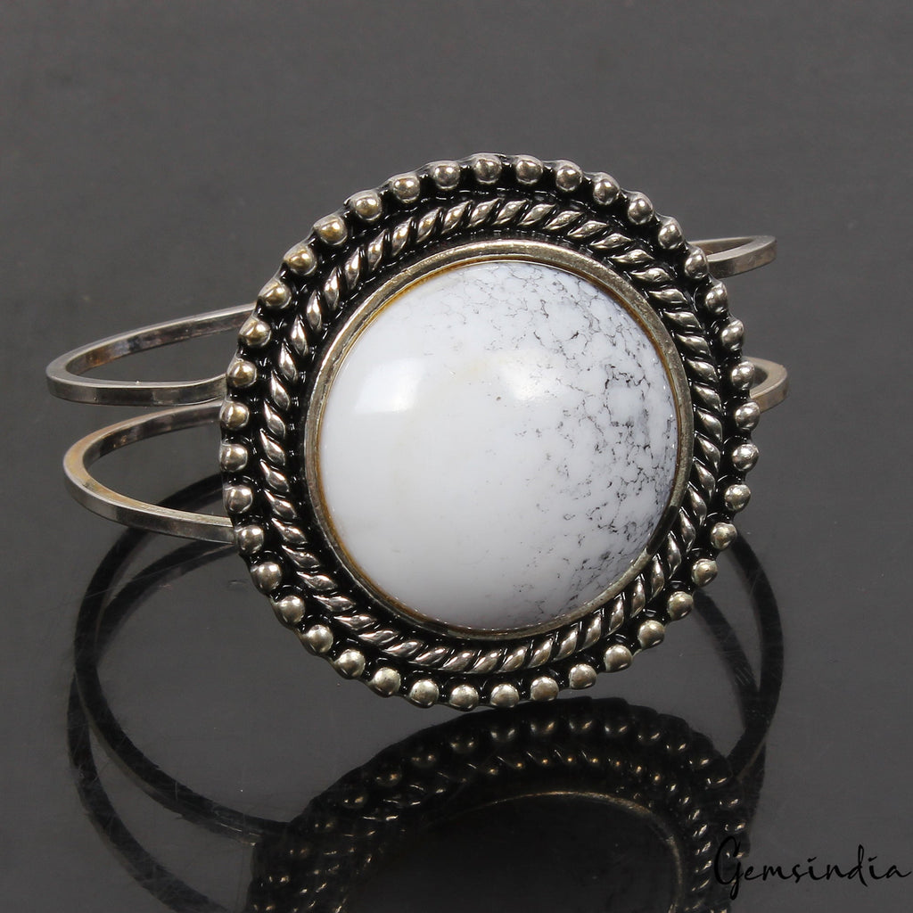 40.48 Gram White Round Hand Carved Bangle Bracelet Antique Fashion Jewelry 2.4"