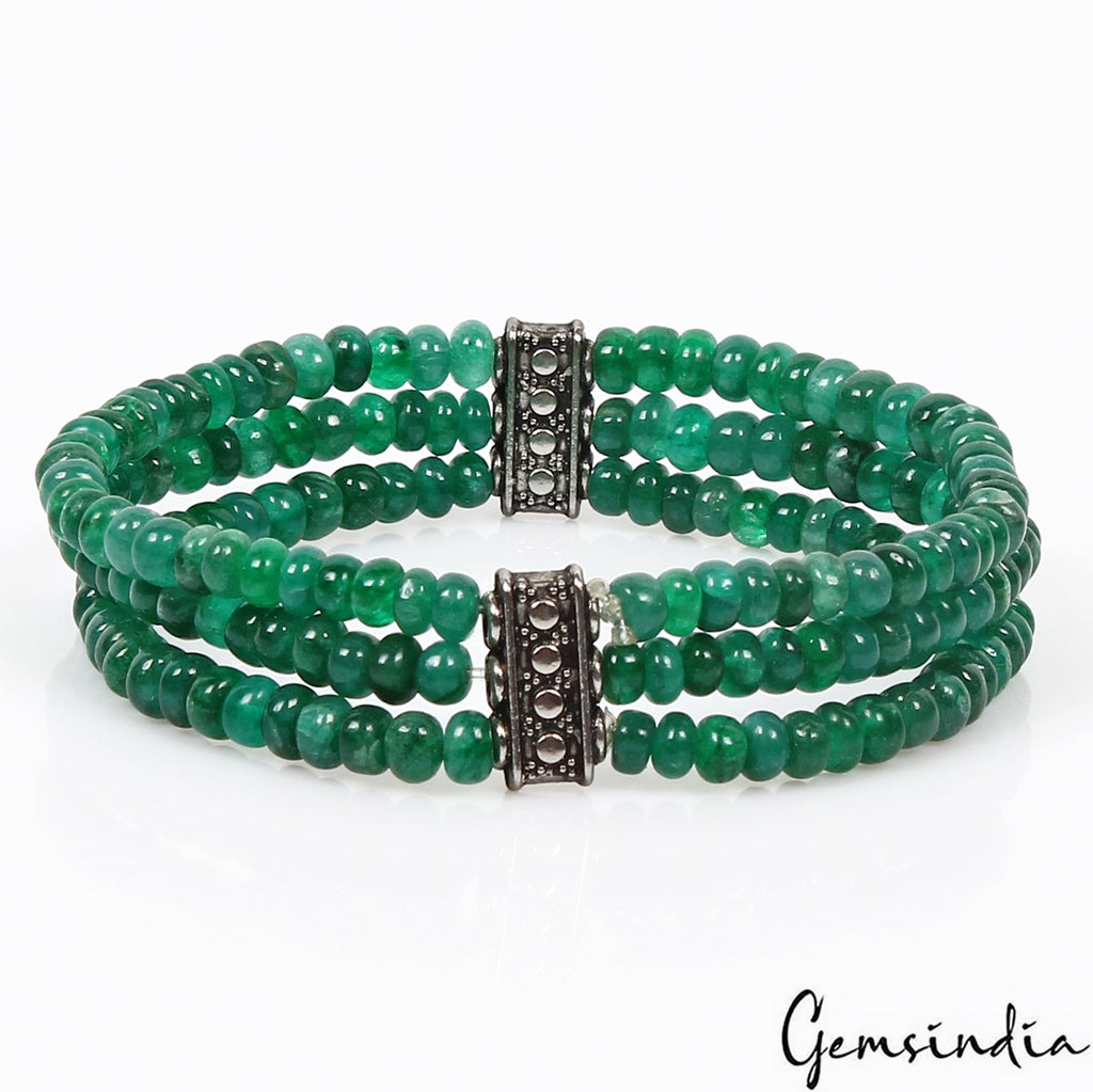 6.5 Inch Natural Zambian Emerald 3 Strand Stretchable Bracelet Jewelry For Women
