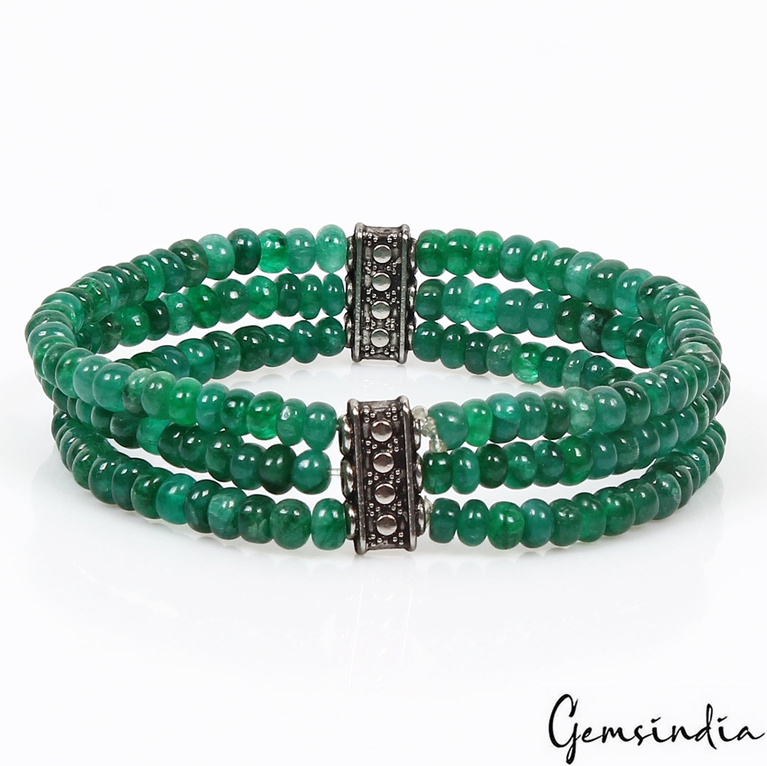 6.5 Inch Natural Zambian Emerald 3 Strand Stretchable Bracelet Jewelry For Women