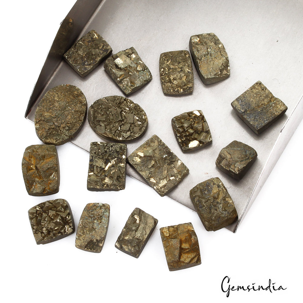 360 Cts/17 Pcs Natural Untreated Gold Pyrite Druzy Mix Cut Flat Back Loose Gems