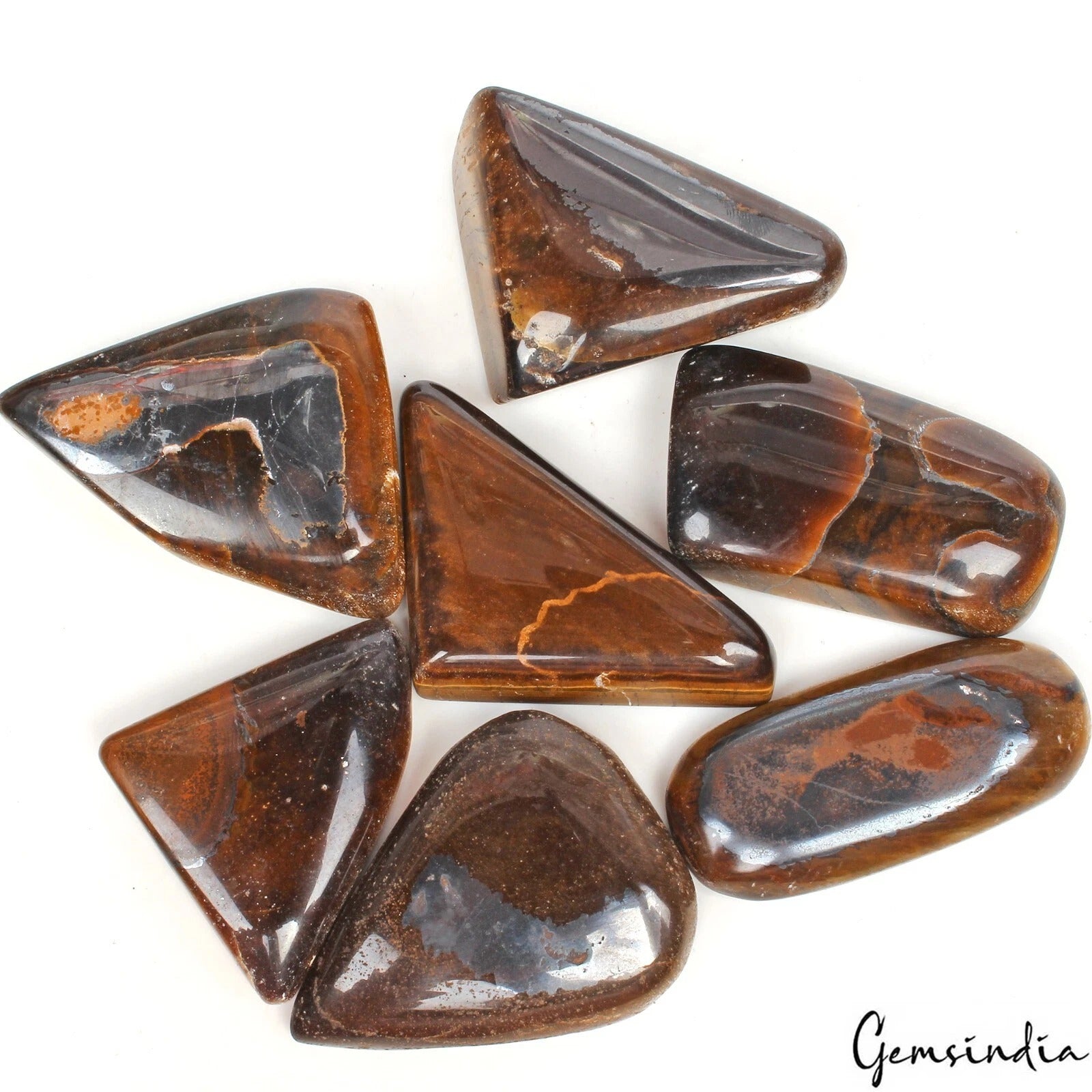 Tiger Eye Lot, Cabochon, Fancy Pear Oval Cabochon, Untreated — 7 Pieces, 36mm to 57mm, 1130 Ct