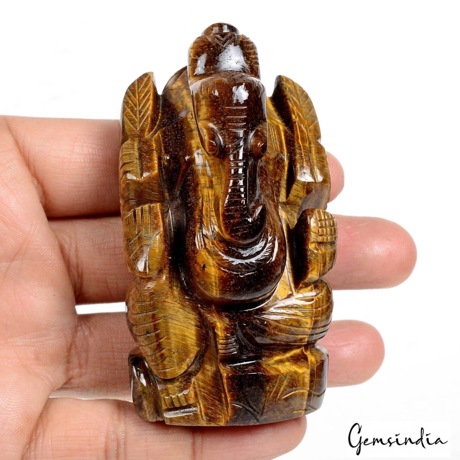 820 Cts Natural Untreated Tiger Eye Single Stone Hand Carved Lord Ganesha Statue