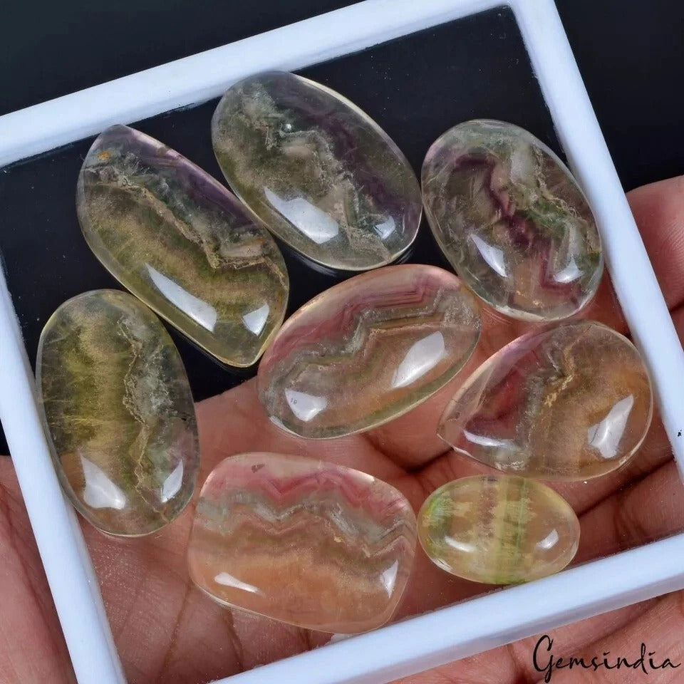 Fluorite Lot, Cabochon, Untreated, Bi-Color — 8 Pieces, 21mm to 37mm, 350 Ct, India
