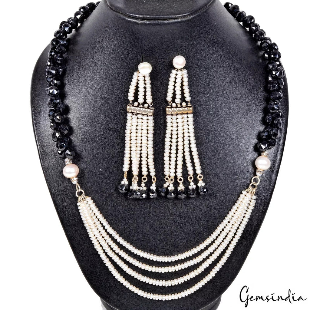 675 Ct Natural Onyx Pearl Gemstone Beaded Handmade Necklace with Earrings ~25"