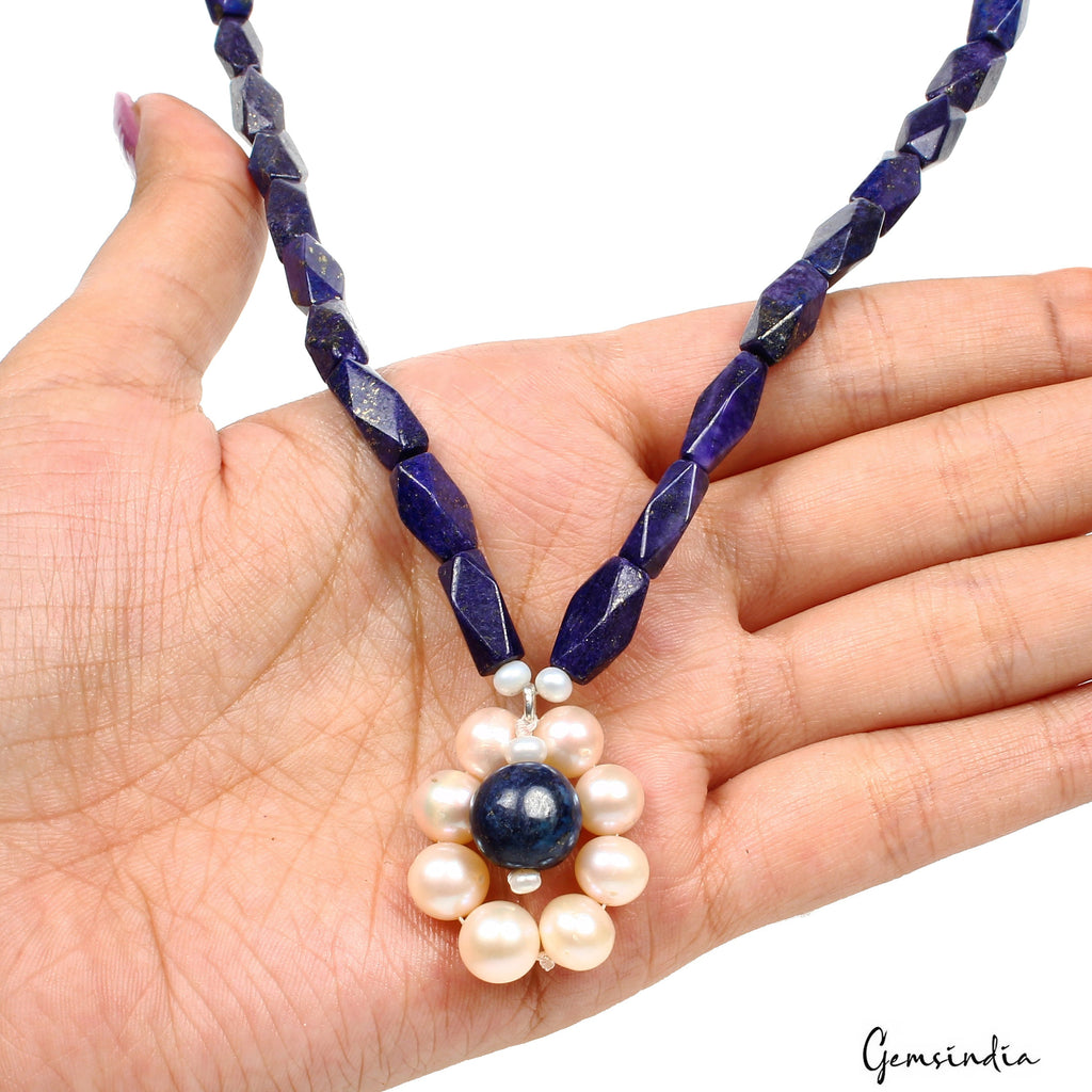 200 CtS Natural Blue Lapis Lazuli Fresh Water Pearl Beaded Handmade Necklace 18"