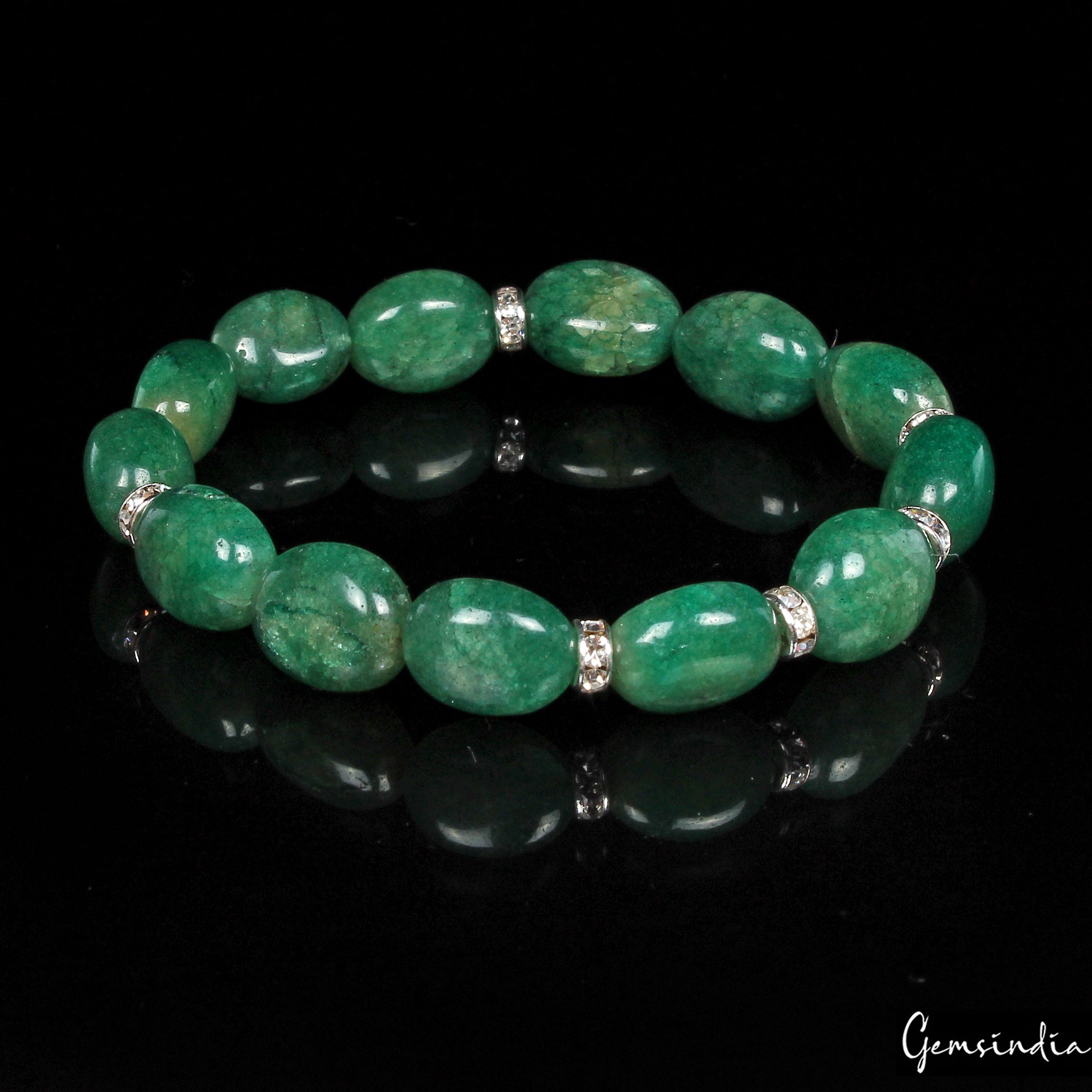 6.5" Natural Brazilian Emerald Oval Cab Handmade Stretchable Bracelet for Women
