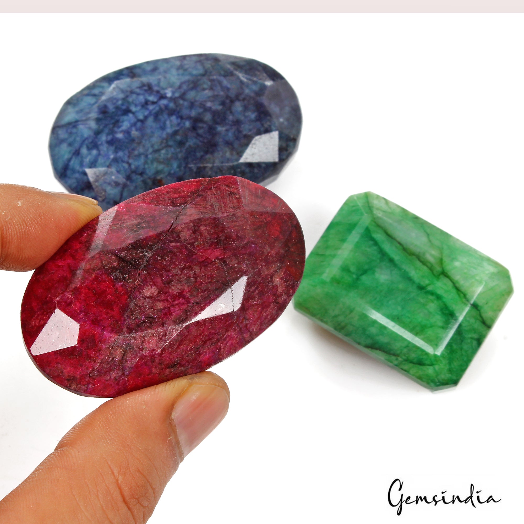 1060 Cts/3 Pcs Natural Red Ruby Blue Beryl Green Emerald Mix Cut Loose Gems Lot