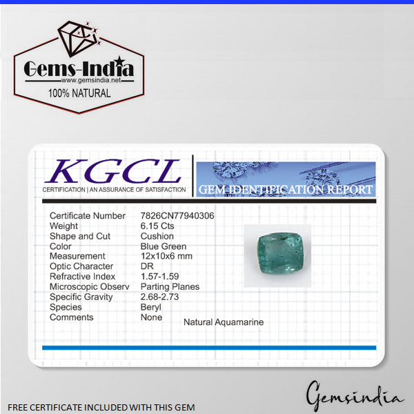 Aquamarine Loose Gemstone, Cushion Cut, Untreated — 12x10x6 mm, 6.15 Ct, Brazil