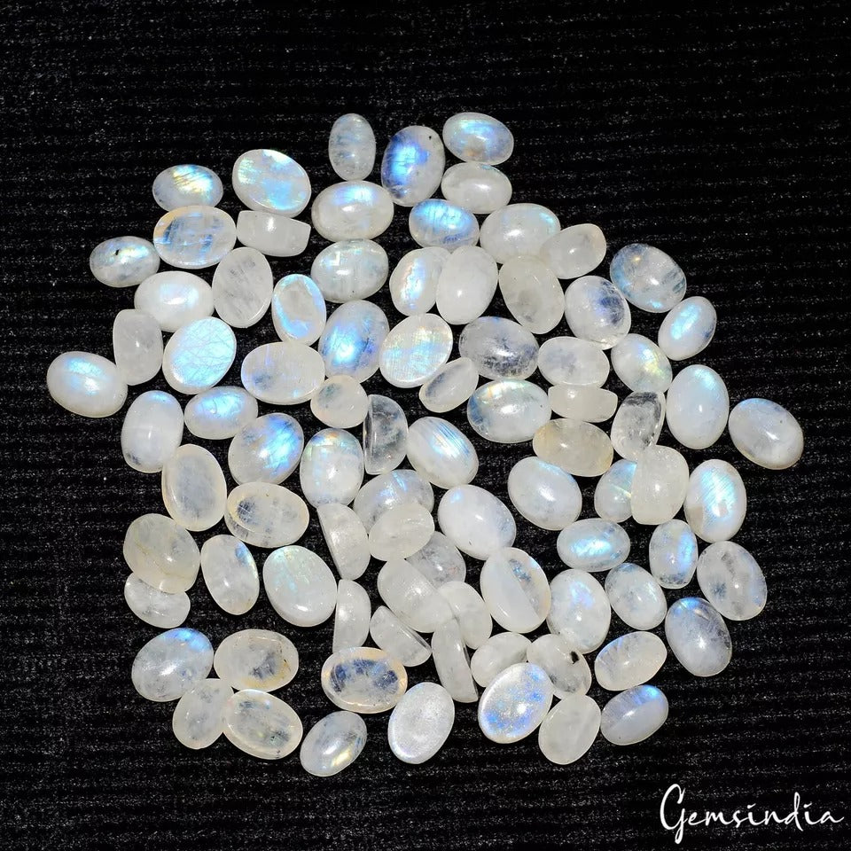 Moonstone Lot, Loose Gemstone, Untreated, Blue — 87 Pieces, 6mm to 8mm, 120 Ct, Madagascar