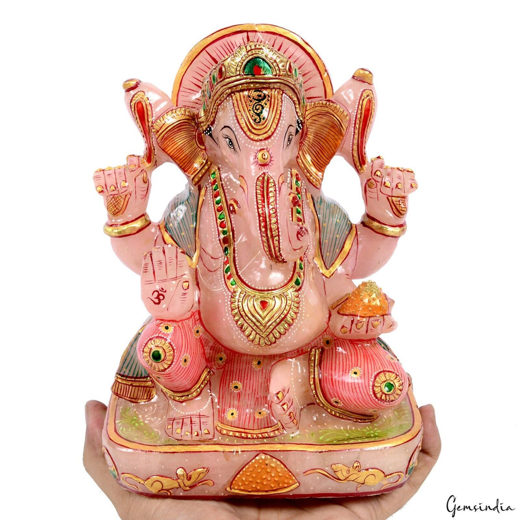Large 4.1 Kilo Rose Quartz Hand Crafted Gold Painted Ganesha Home Idol Sculpture