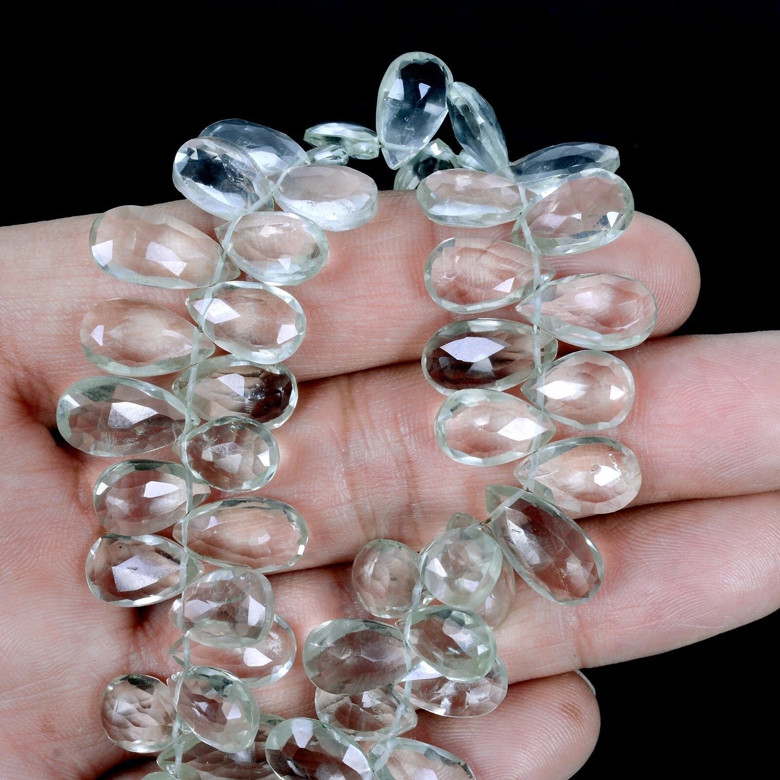 154.30 Ct/50 Pcs Natural Green Amethyst Gems Pear Side Drill Briolette Strand 8"