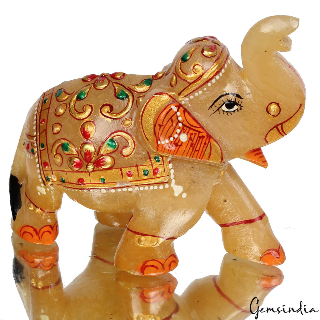 1420 Ct Hand Crafted Gold Painted Trunk Up Elephant Natural Aventurine Sculpture