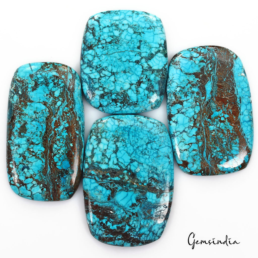 660 Cts/4 Pcs Natural Spiderweb USA Blue Turquoise Cushion Cab Loose Gems Lot